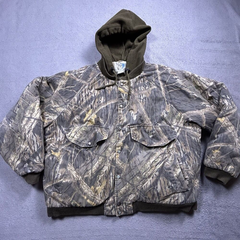 Vintage Trophy Club Mossy Oak Camo Heavy Jacket Mens XXL Hooded Canvas Bomber